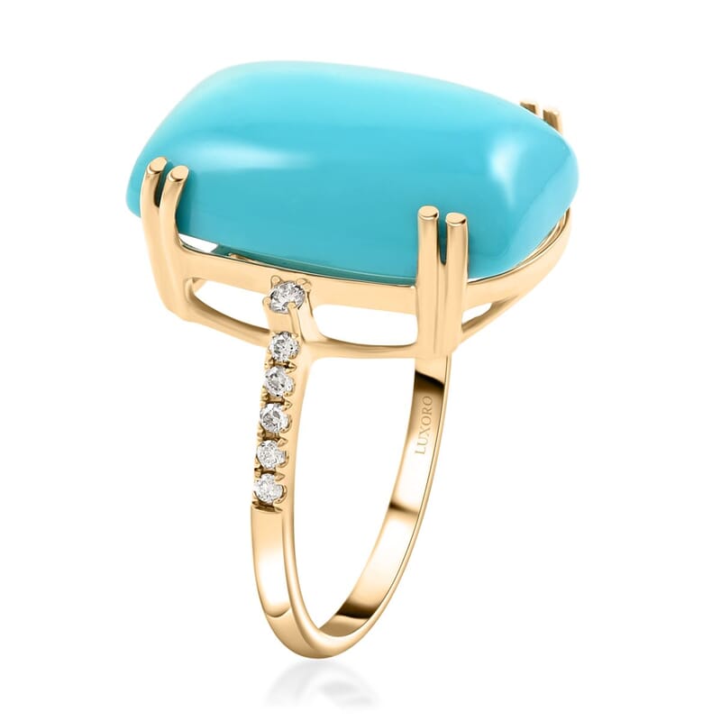 Certified & Appraised Luxoro 10K Yellow Gold AAA Sleeping Beauty Turquoise and I2 Diamond Ring (Size 10.0) 11.00 ctw