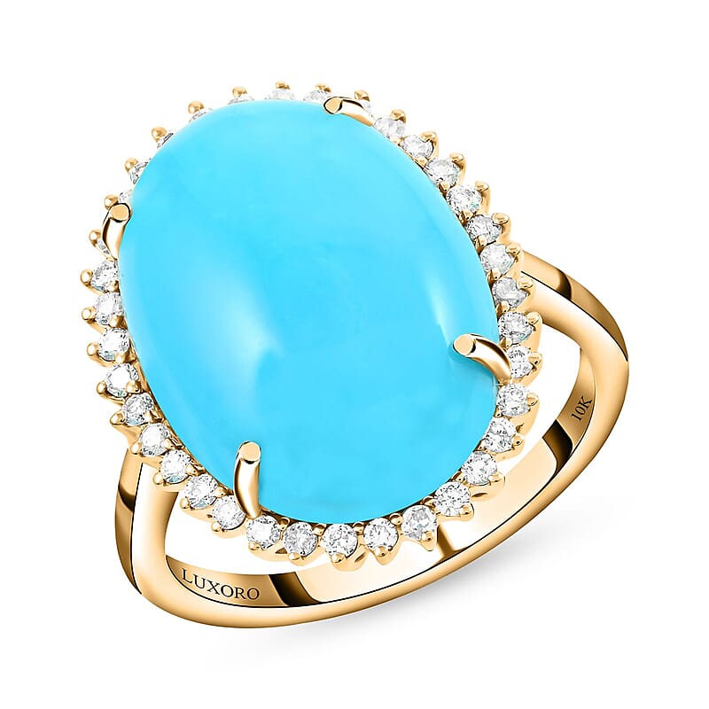 Certified & Appraised Luxoro 10K Yellow Gold AAA Sleeping Beauty Turquoise and I2 Diamond Sunburst Ring (Size 10.0) 9.70 ctw