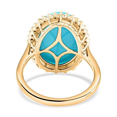 Certified & Appraised Luxoro 10K Yellow Gold AAA Sleeping Beauty Turquoise and I2 Diamond Sunburst Ring (Size 10.0) 9.70 ctw