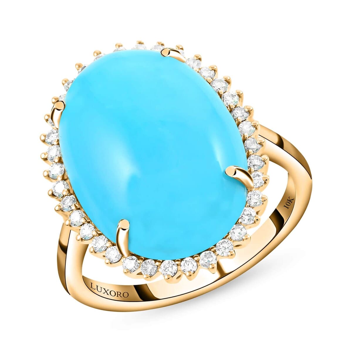 Certified & Appraised Luxoro 10K Yellow Gold AAA Sleeping Beauty Turquoise and I2 Diamond Sunburst Ring (Size 6.0) 9.65 ctw image number 0