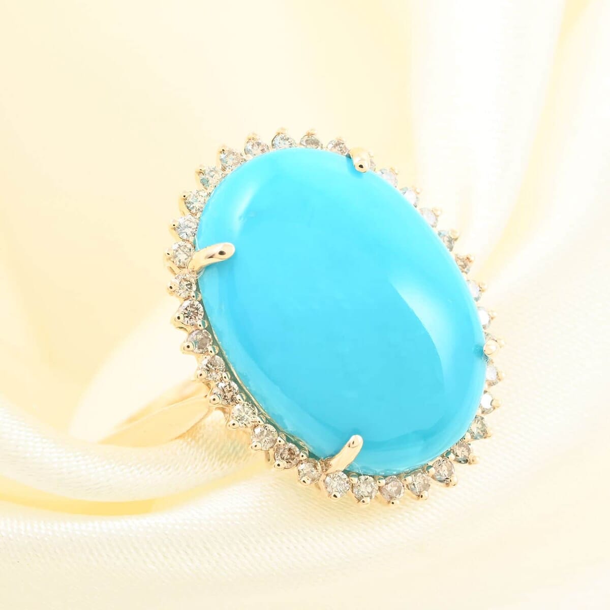 Certified & Appraised Luxoro 10K Yellow Gold AAA Sleeping Beauty Turquoise and I2 Diamond Sunburst Ring (Size 6.0) 9.65 ctw image number 1