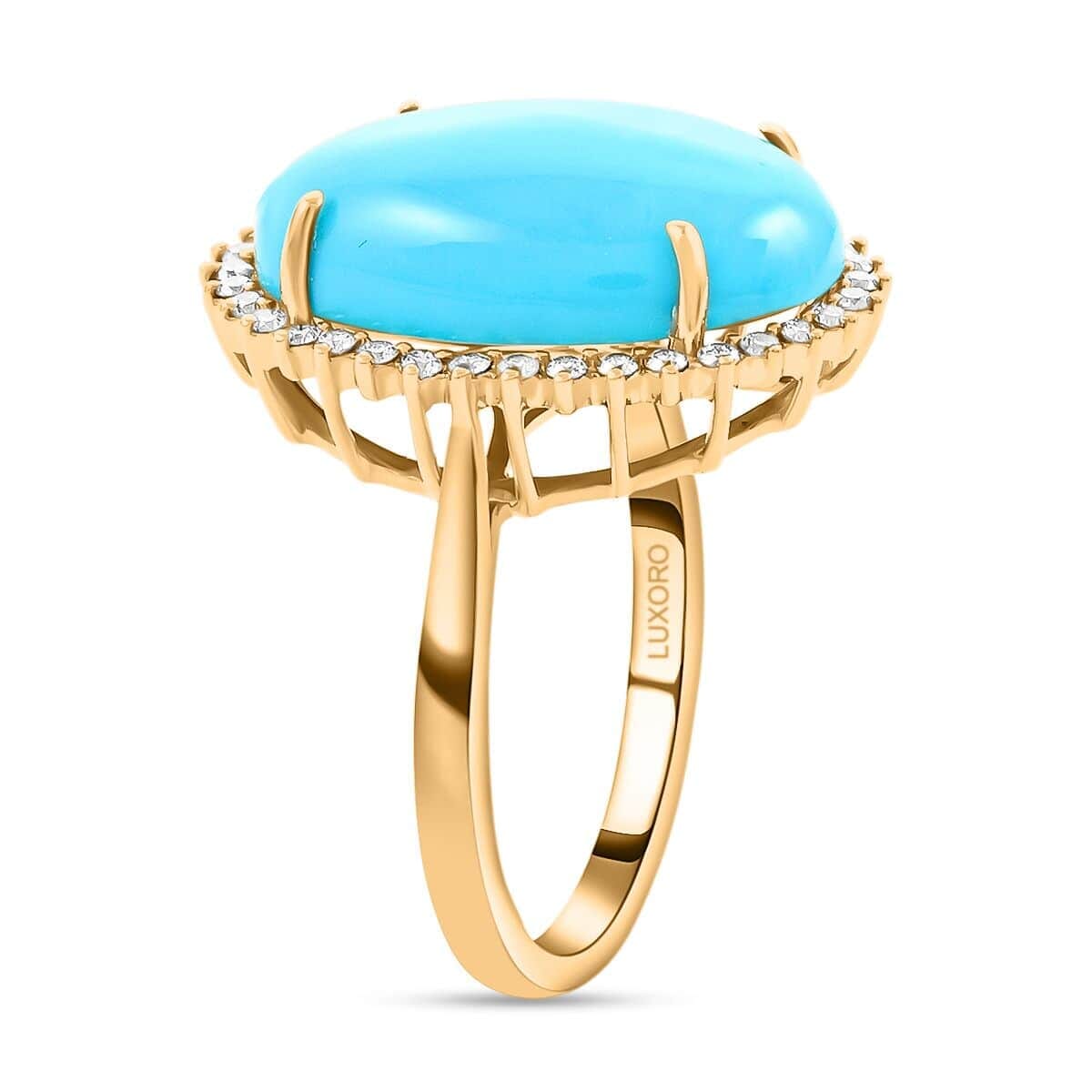 Certified & Appraised Luxoro 10K Yellow Gold AAA Sleeping Beauty Turquoise and I2 Diamond Sunburst Ring (Size 6.0) 9.65 ctw image number 3