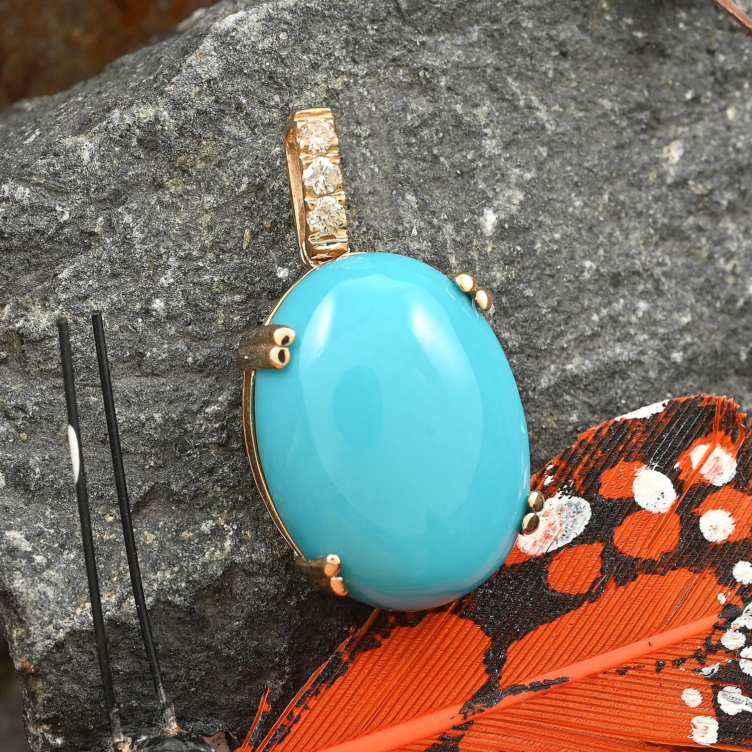 Certified & Appraised Luxoro 10K Yellow Gold AAA Sleeping Beauty Turquoise and I2 Diamond Pendant 8.00 ctw