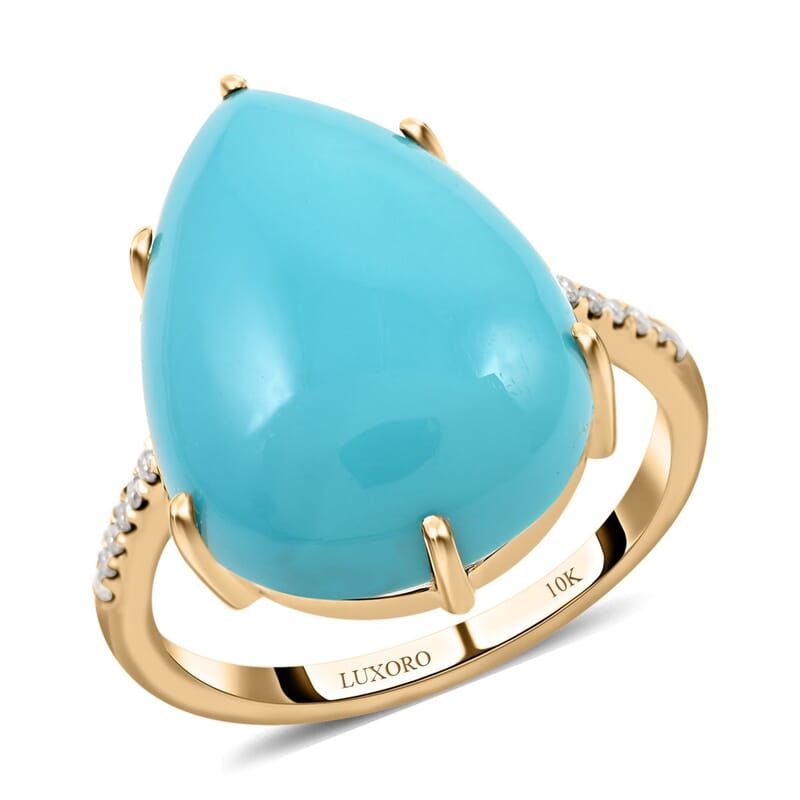 Certified & Appraised Luxoro AAA Sleeping Beauty Turquoise and I2 Diamond 8.85 ctw Ring in 10K Yellow Gold (Size  6.0)