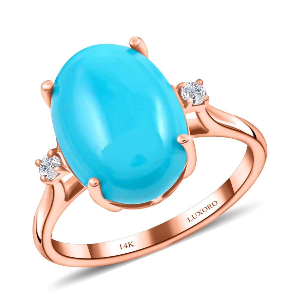 Certified & Appraised Luxoro 10K Rose Gold AAA Sleeping Beauty Turquoise and I2 Diamond Ring 5.50 ctw (Del. in 7-10 Days) image number 0