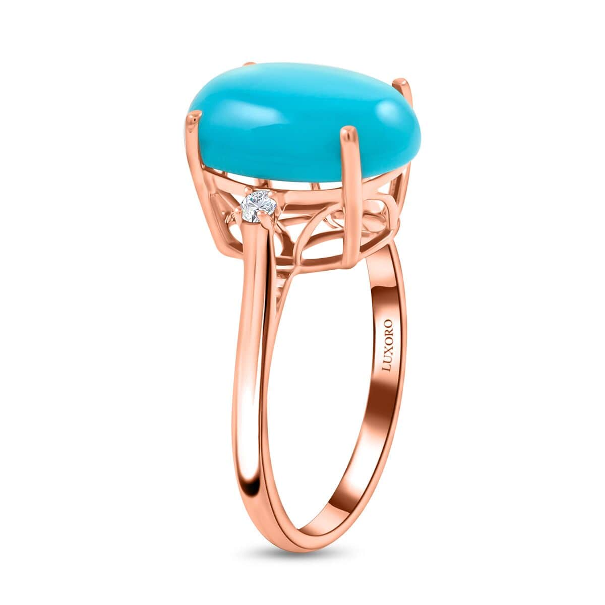 Certified & Appraised Luxoro 10K Rose Gold AAA Sleeping Beauty Turquoise and I2 Diamond Ring 5.50 ctw (Del. in 7-10 Days) image number 3