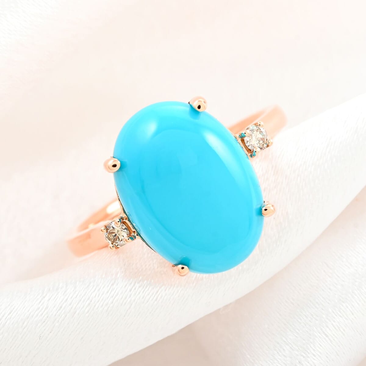 Certified & Appraised Luxoro 14K Rose Gold AAA Sleeping Beauty Turquoise and I2 Diamond Ring (Size 7.0) 5.50 ctw image number 1