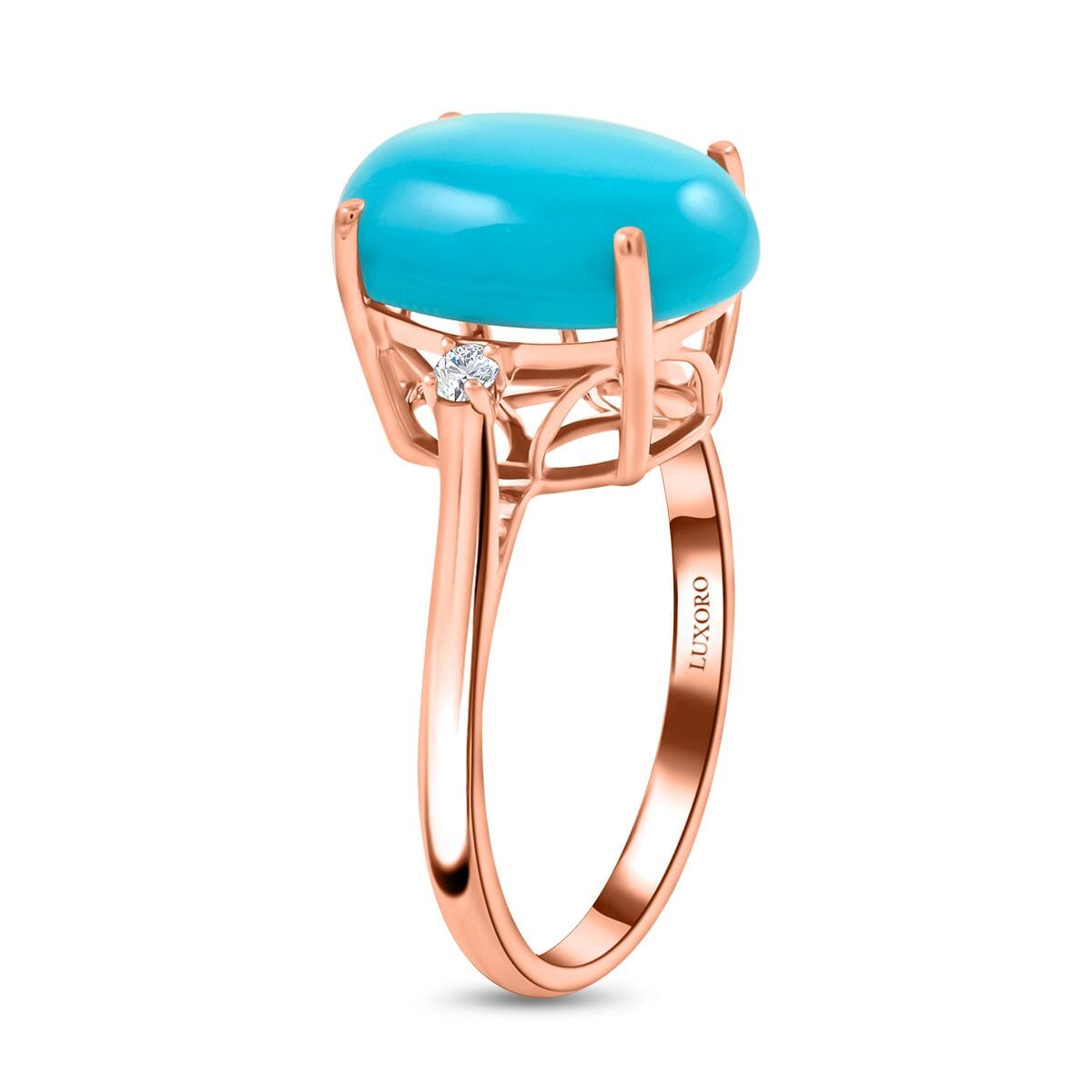 Certified & Appraised Luxoro 14K Rose Gold AAA Sleeping Beauty Turquoise and I2 Diamond Ring (Size 7.0) 5.50 ctw image number 3