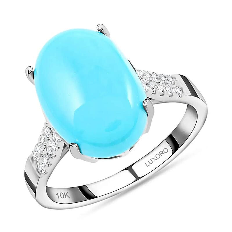 Certified & Appraised Luxoro AAA Sleeping Beauty Turquoise and I2 Diamond 5.50 ctw Ring in 10K White Gold (Size 10.0)