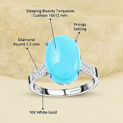 Certified & Appraised Luxoro AAA Sleeping Beauty Turquoise and I2 Diamond 5.50 ctw Ring in 10K White Gold (Size 10.0)