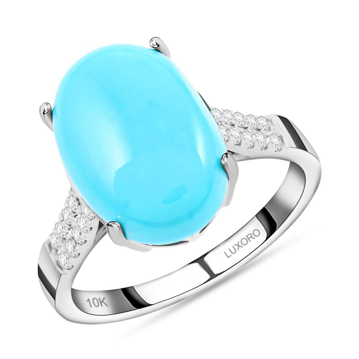Certified & Appraised Luxoro 10K White Gold AAA Sleeping Beauty Turquoise and I2 Diamond Ring (Size 6.0) 5.50 ctw image number 0