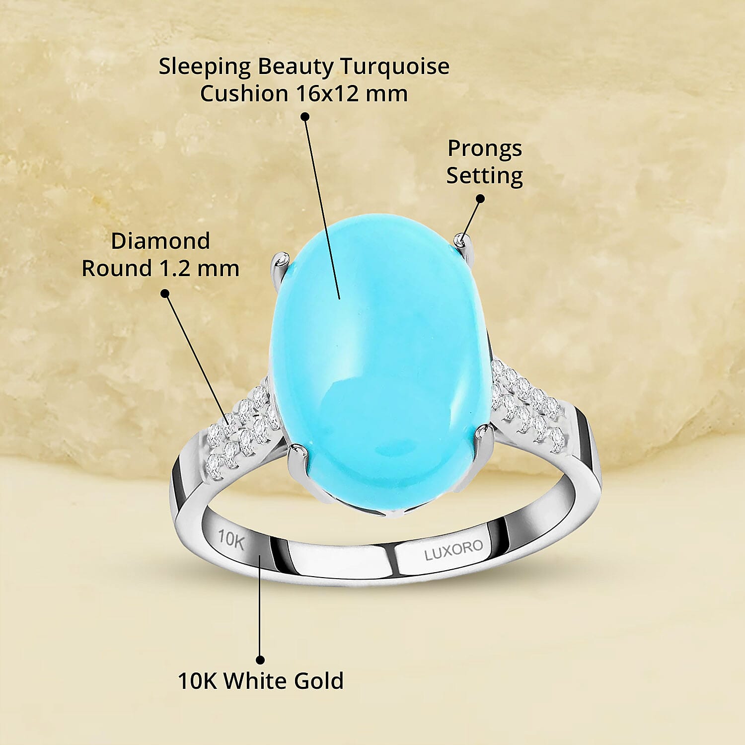 Certified & Appraised Luxoro AAA Sleeping Beauty Turquoise and I2 Diamond 5.50 ctw Ring in 10K White Gold (Size 6.0)