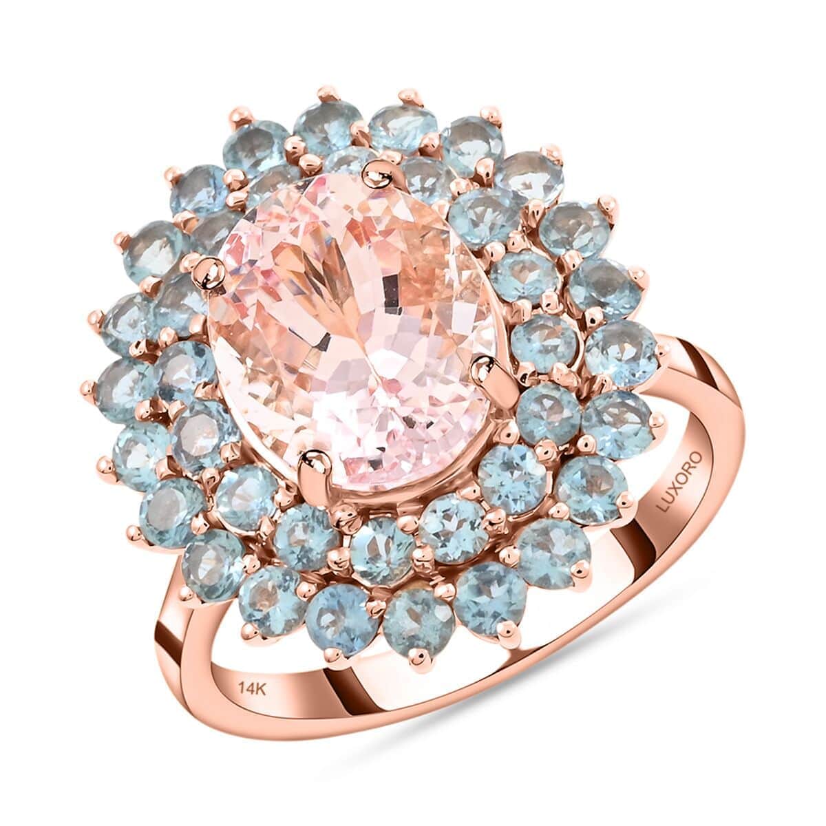 Certified & Appraised Luxoro 14K Rose Gold AAA Pink Morganite and AAA Santa Maria Aquamarine Floral Ring 4.45 Grams 3.60 ctw (Del. in 12-15 Days) image number 0