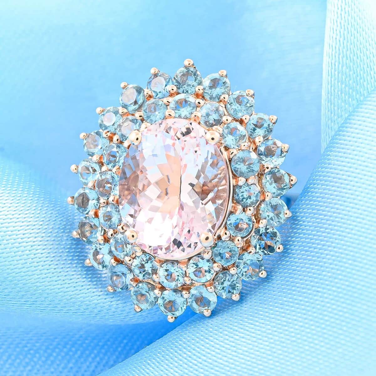 Certified & Appraised Luxoro 14K Rose Gold AAA Pink Morganite and AAA Santa Maria Aquamarine Floral Ring 4.45 Grams 3.60 ctw (Del. in 12-15 Days) image number 1