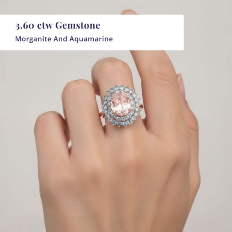 Certified & Appraised Luxoro 14K Rose Gold Palmeiras AAA Pink Morganite and AAA Santa Maria Aquamarine Double Halo Ring (Size 10.0) 4.45 Grams 3.60 ctw