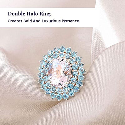 Certified & Appraised Luxoro 14K Rose Gold Palmeiras AAA Pink Morganite and AAA Santa Maria Aquamarine Double Halo Ring (Size 10.0) 4.45 Grams 3.60 ctw