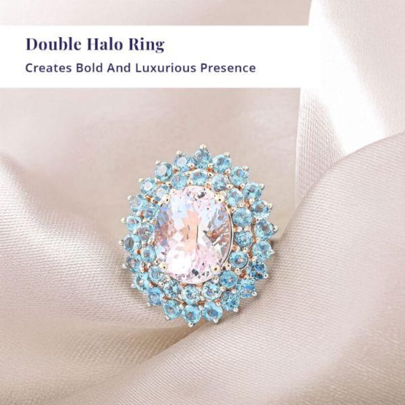 Certified & Appraised Luxoro 14K Rose Gold Palmeiras AAA Pink Morganite and AAA Santa Maria Aquamarine Double Halo Ring (Size 10.0) 4.45 Grams 3.60 ctw