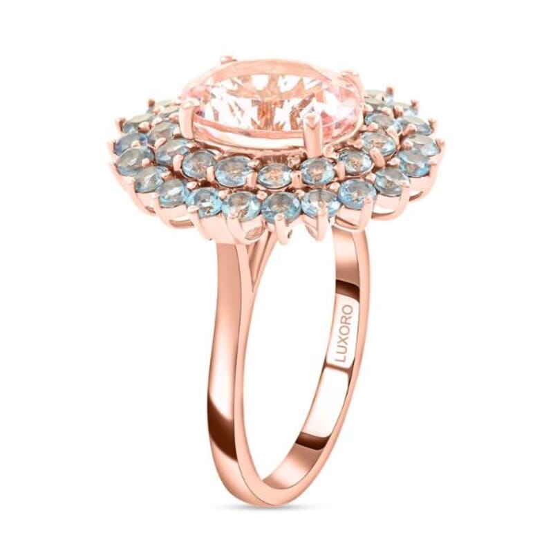 Certified & Appraised Luxoro 14K Rose Gold Palmeiras AAA Pink Morganite and AAA Santa Maria Aquamarine Double Halo Ring (Size 10.0) 4.45 Grams 3.60 ctw