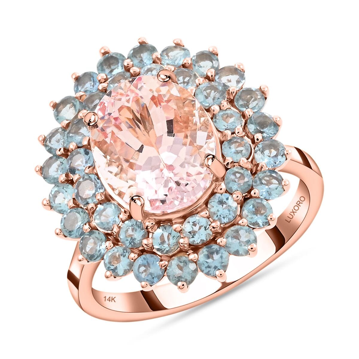 Certified & Appraised Luxoro 14K Rose Gold Palmeiras AAA Pink Morganite and AAA Santa Maria Aquamarine Double Halo Ring (Size 6.0) (4.45 g) 3.60 ctw image number 0