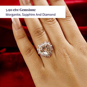 Certified & Appraised Luxoro 14K Rose Gold Palmeiras AAA Pink Morganite and AAA Santa Maria Aquamarine Double Halo Ring (Size 7.0) (4.45 g) 3.60 ctw