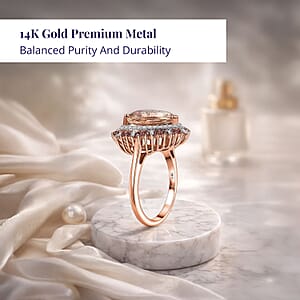 Certified & Appraised Luxoro 14K Rose Gold Palmeiras AAA Pink Morganite and AAA Santa Maria Aquamarine Double Halo Ring (Size 7.0) (4.45 g) 3.60 ctw