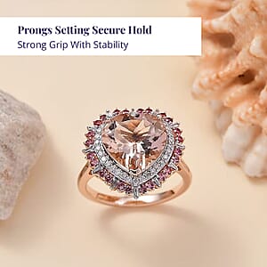 Certified & Appraised Luxoro 14K Rose Gold Palmeiras AAA Pink Morganite and AAA Santa Maria Aquamarine Double Halo Ring (Size 7.0) (4.45 g) 3.60 ctw