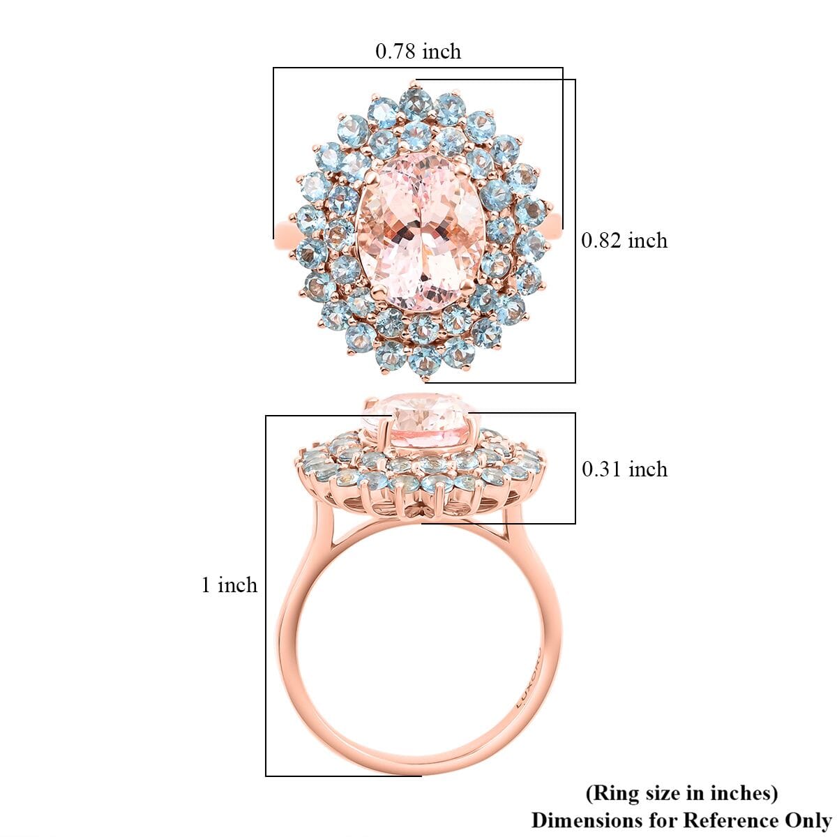 Certified & Appraised Luxoro 14K Rose Gold Palmeiras AAA Pink Morganite and AAA Santa Maria Aquamarine Double Halo Ring (Size 7.0) (4.45 g) 3.60 ctw image number 4