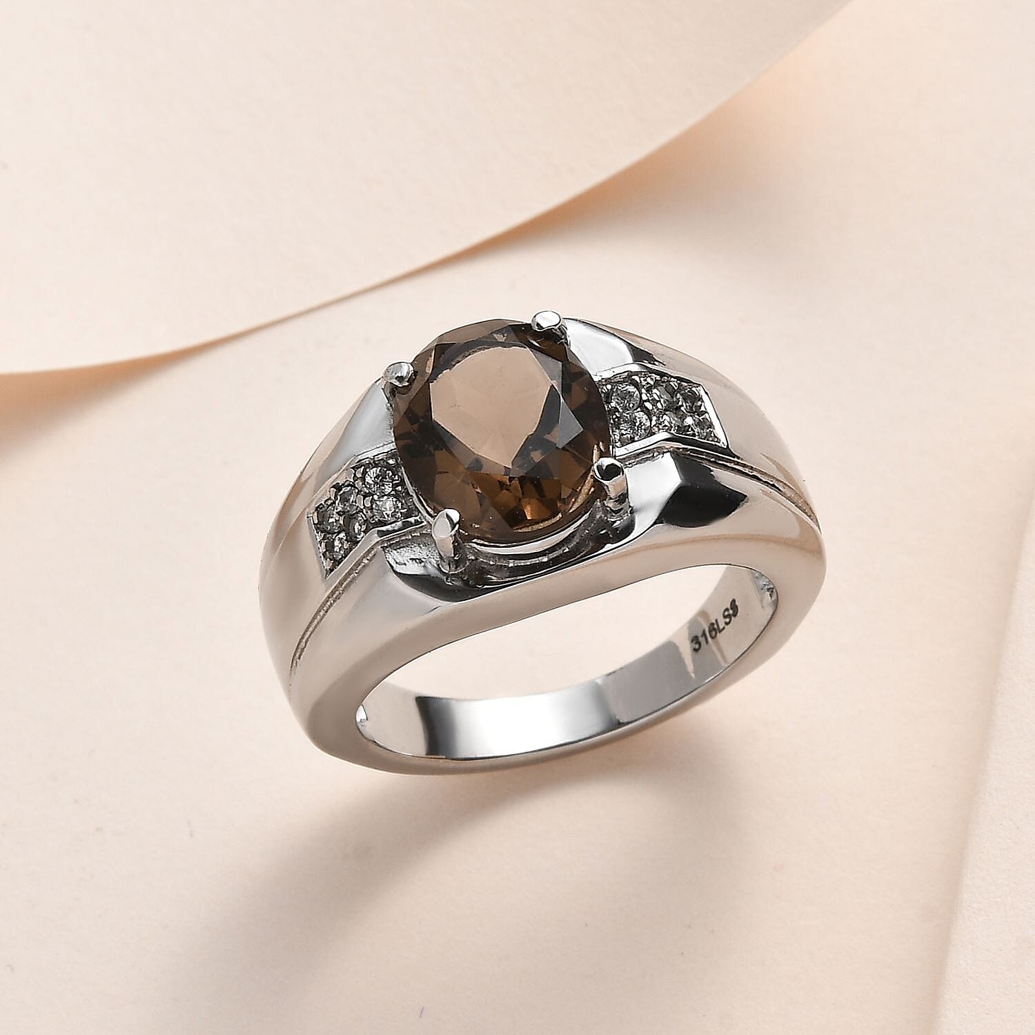 Brazilian Smoky Quartz and White Zircon Men's Ring in Stainless Steel (Size 10.0) 3.65 ctw