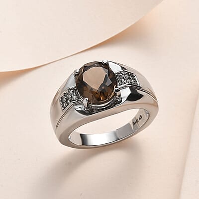 Brazilian Smoky Quartz and White Zircon Men's Ring in Stainless Steel (Size 10.0) 3.65 ctw