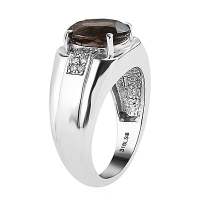 Brazilian Smoky Quartz and White Zircon Men's Ring in Stainless Steel (Size 10.0) 3.65 ctw