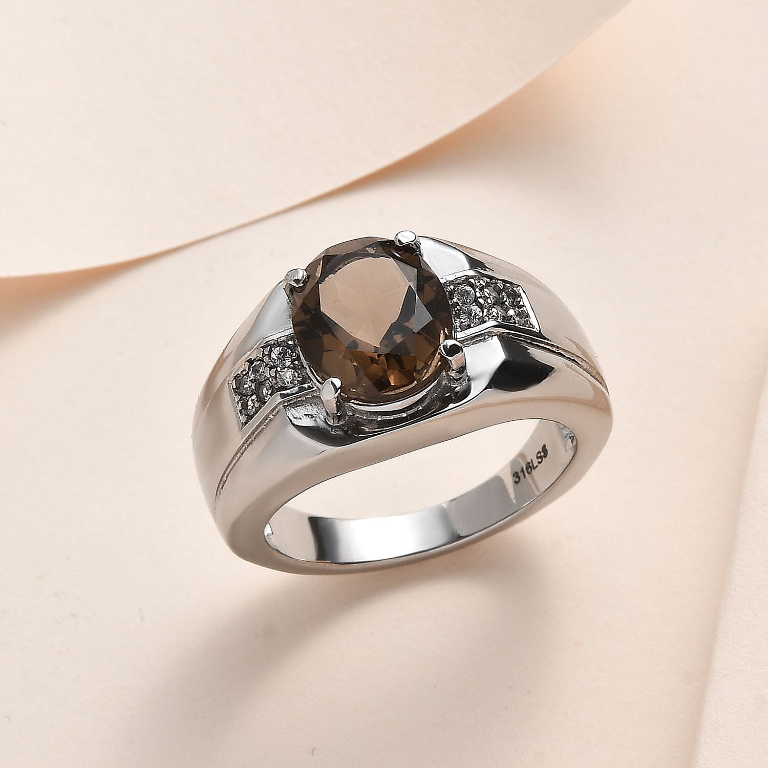 Brazilian Smoky Quartz and White Zircon Men's Ring in Stainless Steel (Size 9.0) 3.65 ctw