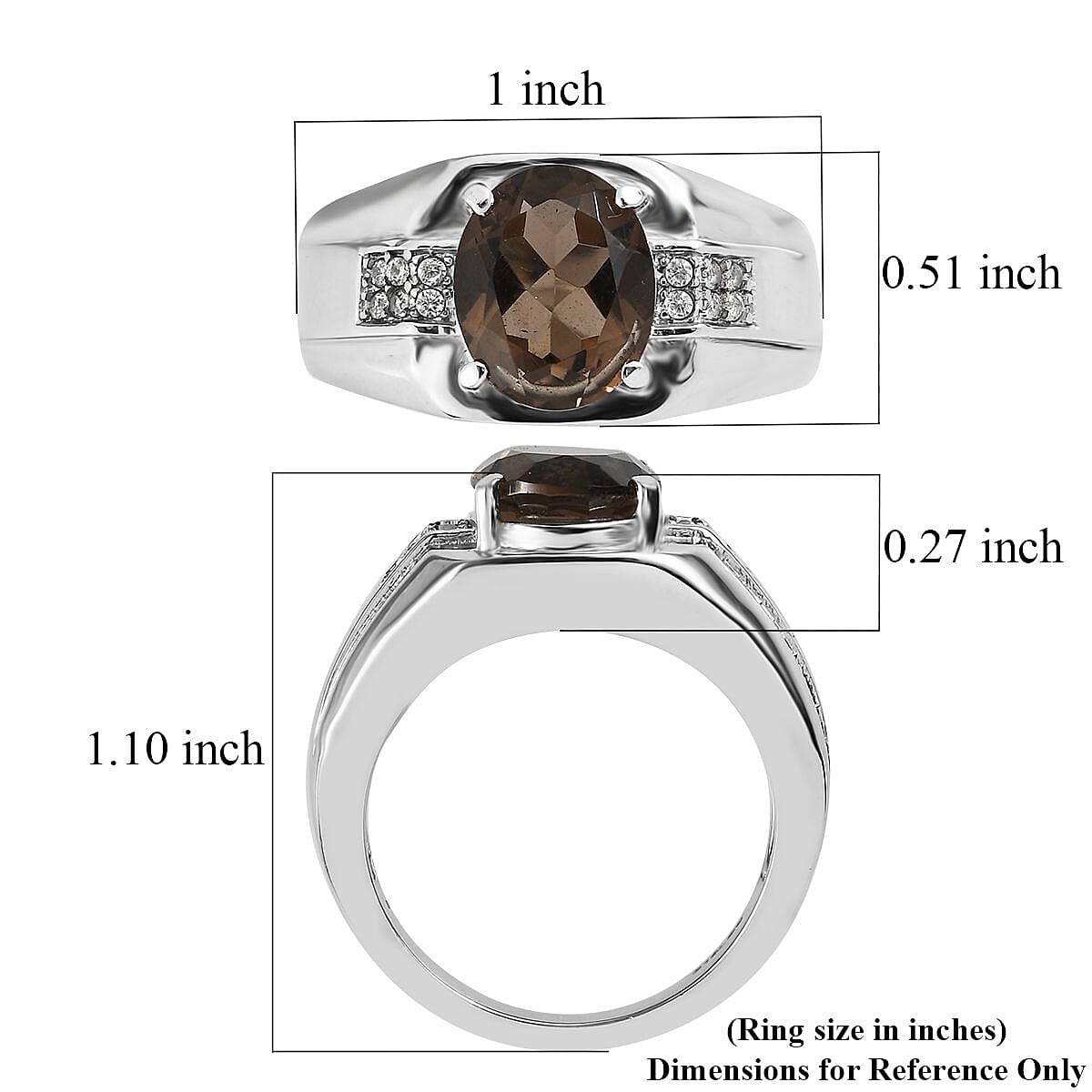 Brazilian Smoky Quartz and White Zircon Men's Ring in Stainless Steel (Size 9.0) 3.65 ctw