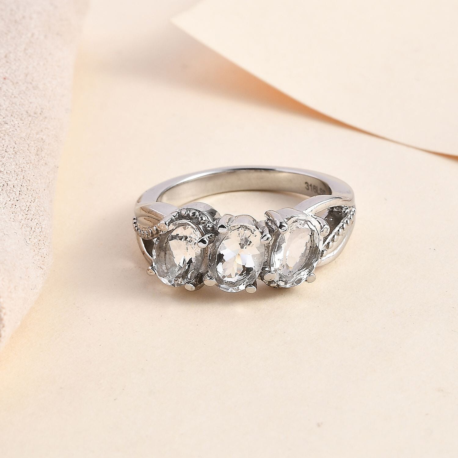 Petalite 3 Stone Ring in Stainless Steel (Size 10.0) 1.75 ctw
