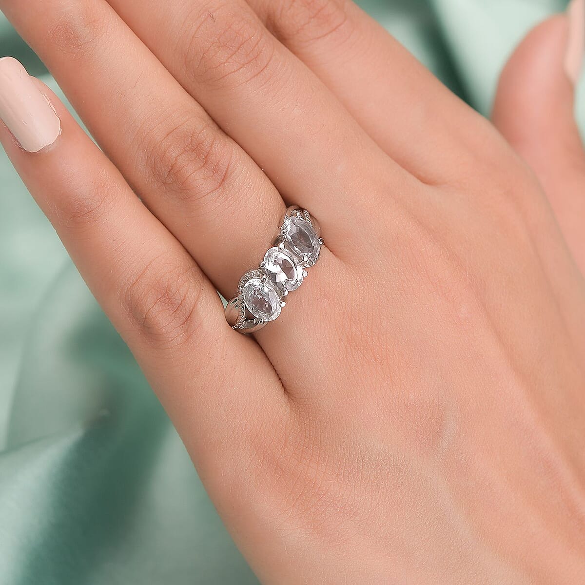 Petalite 3 Stone Ring in Stainless Steel 1.75 ctw image number 2