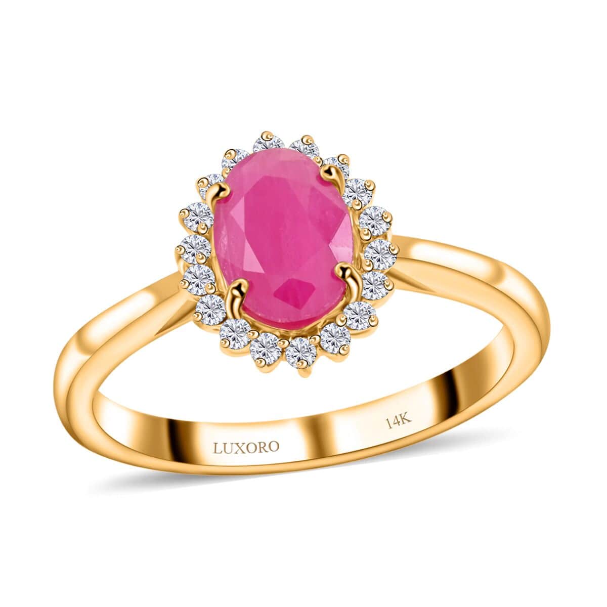Certified & Appraised Luxoro 14K Yellow Gold AAA Montepuez Ruby and G-H I2 Diamond Halo Ring 1.50 ctw (Del. in 7-10 Days) image number 0