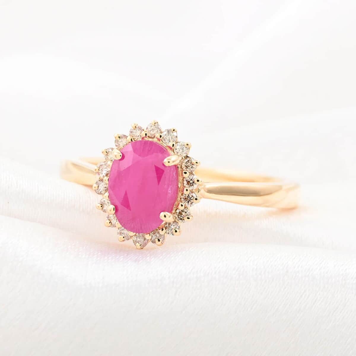 Certified & Appraised Luxoro 14K Yellow Gold AAA Montepuez Ruby and G-H I2 Diamond Halo Ring 1.50 ctw (Del. in 7-10 Days) image number 1