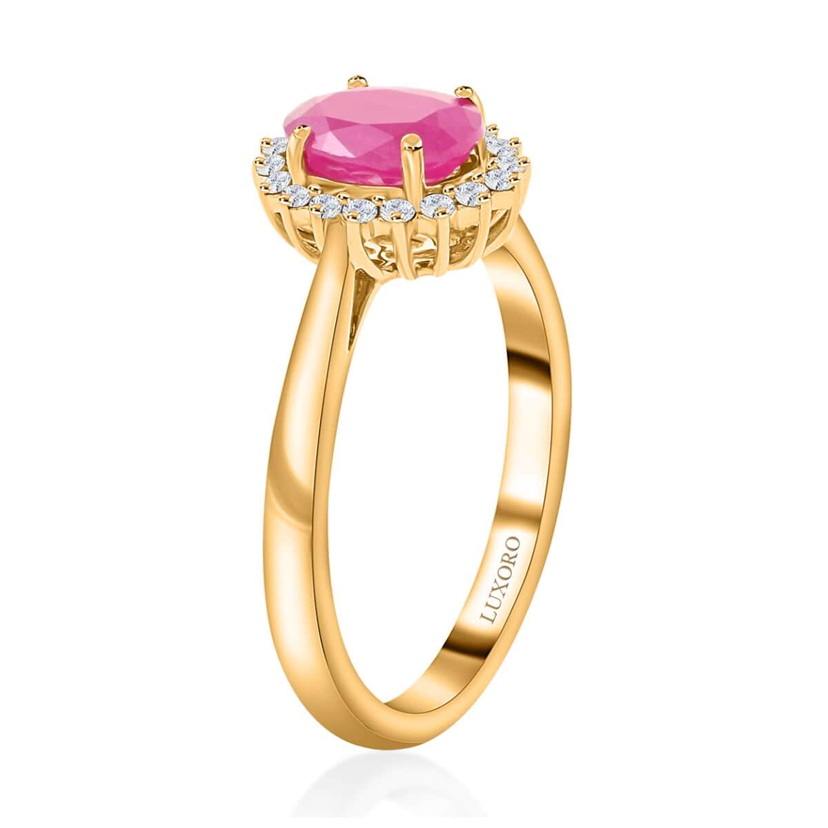 Certified & Appraised Luxoro 14K Yellow Gold AAA Montepuez Ruby and G-H I2 Diamond Halo Ring 1.50 ctw (Del. in 7-10 Days) image number 3