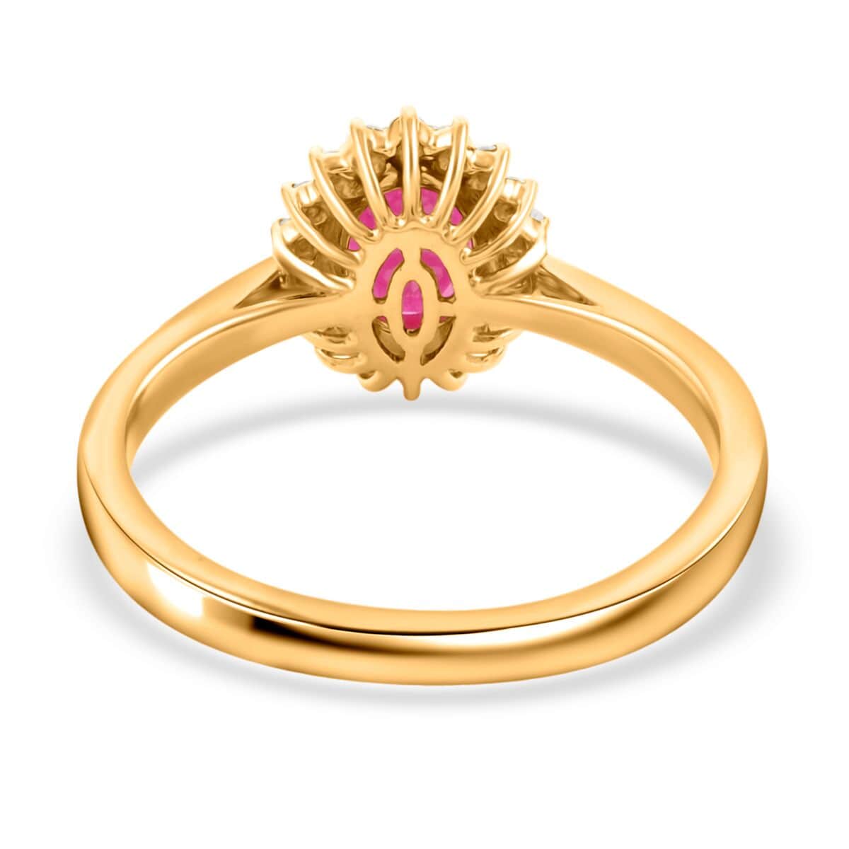 Certified & Appraised Luxoro 14K Yellow Gold AAA Montepuez Ruby and G-H I2 Diamond Halo Ring 1.50 ctw (Del. in 7-10 Days) image number 4