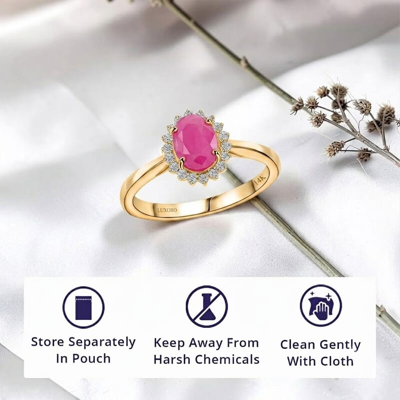 Certified & Appraised Luxoro AAA Montepuez Ruby and G-H I2 Diamond 1.50 ctw Halo Ring in 14K Yellow Gold (Size 7.0)