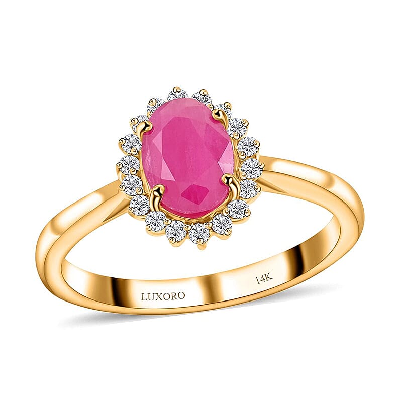 Certified & Appraised Luxoro AAA Montepuez Ruby and G-H I2 Diamond 1.50 ctw Halo Ring in 14K Yellow Gold (Size 8.0)