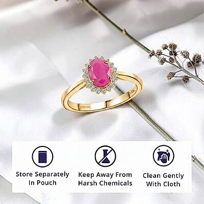 Certified & Appraised Luxoro AAA Montepuez Ruby and G-H I2 Diamond 1.50 ctw Halo Ring in 14K Yellow Gold (Size 8.0)