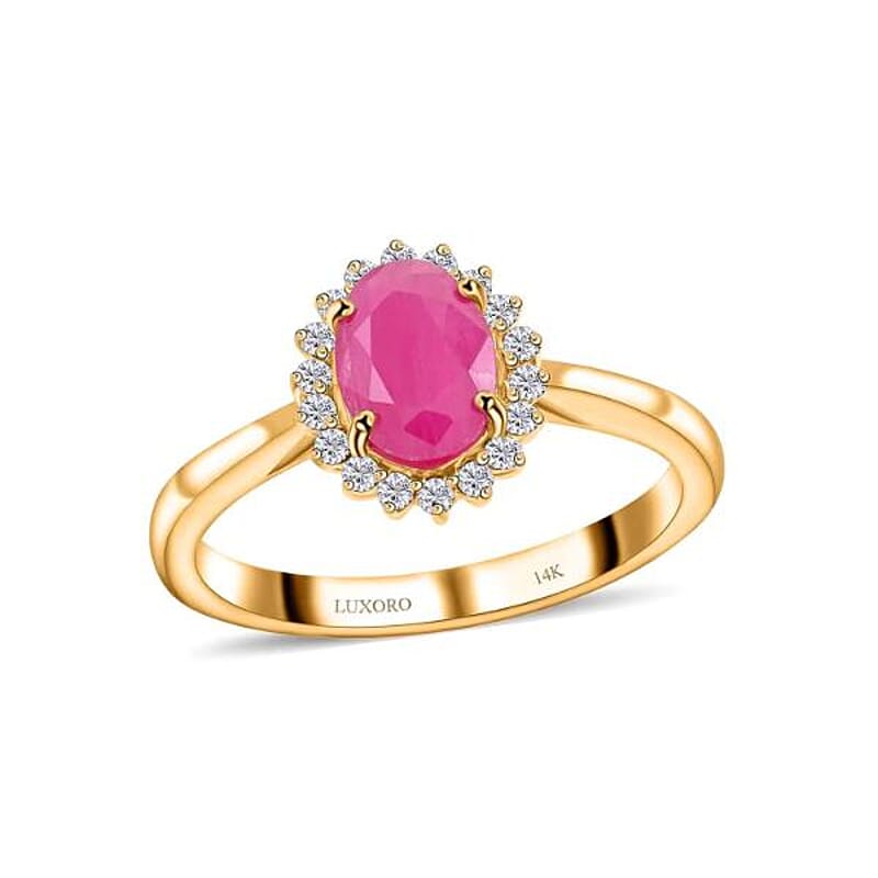 Certified & Appraised Luxoro AAA Montepuez Ruby and G-H I2 Diamond 1.50 ctw Halo Ring in 14K Yellow Gold (Size 9.0)