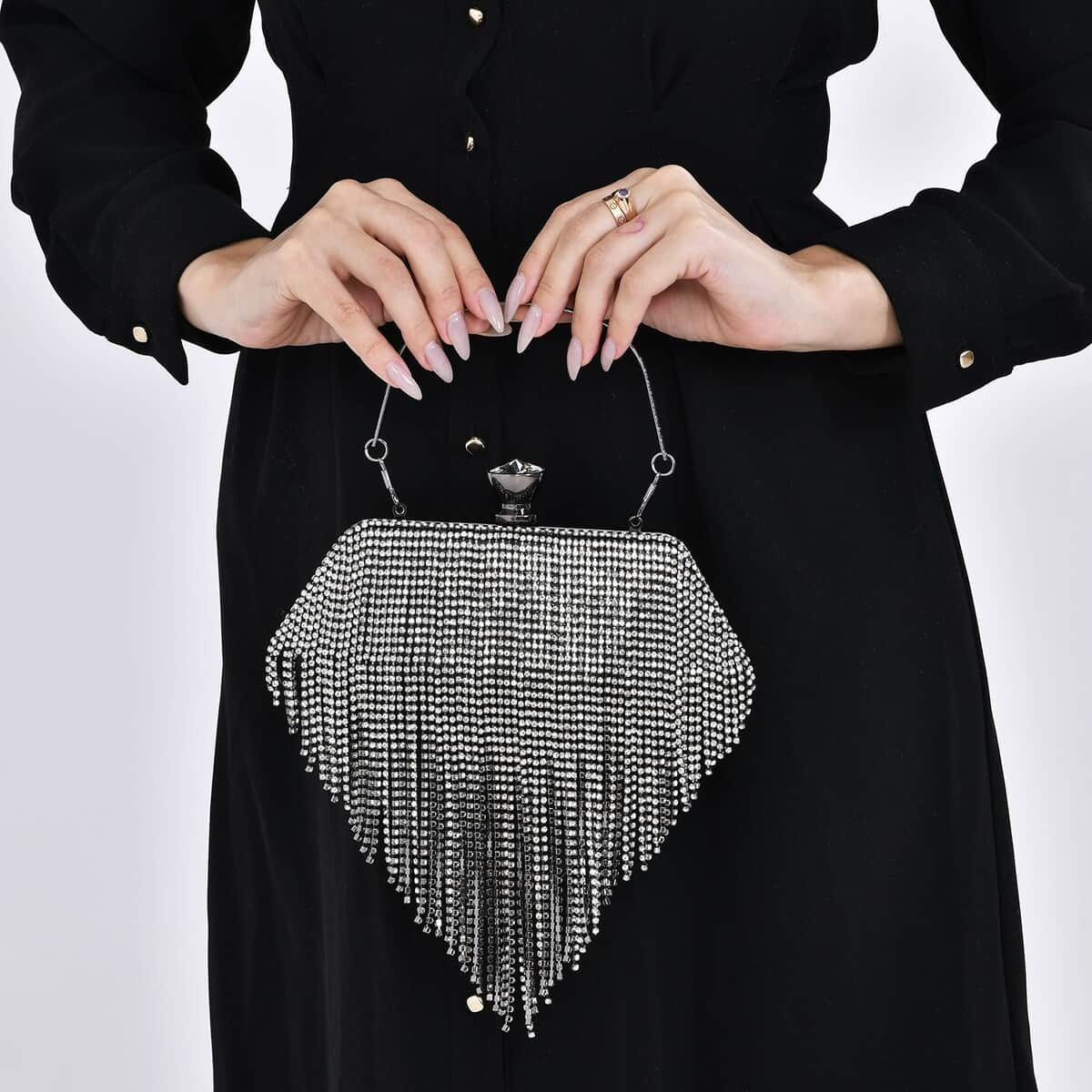 Black Sparkling Crystal Diamond Shape Tassel Clutch Bag with Handle Drop and Chain Strap image number 2