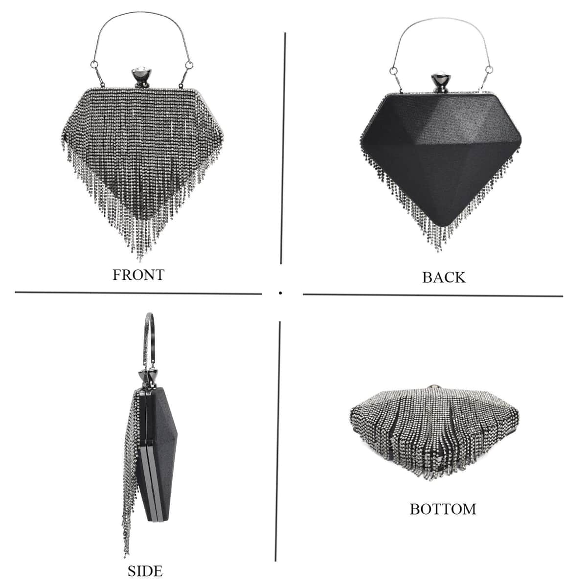 Black Sparkling Crystal Diamond Shape Tassel Clutch Bag with Handle Drop and Chain Strap image number 3