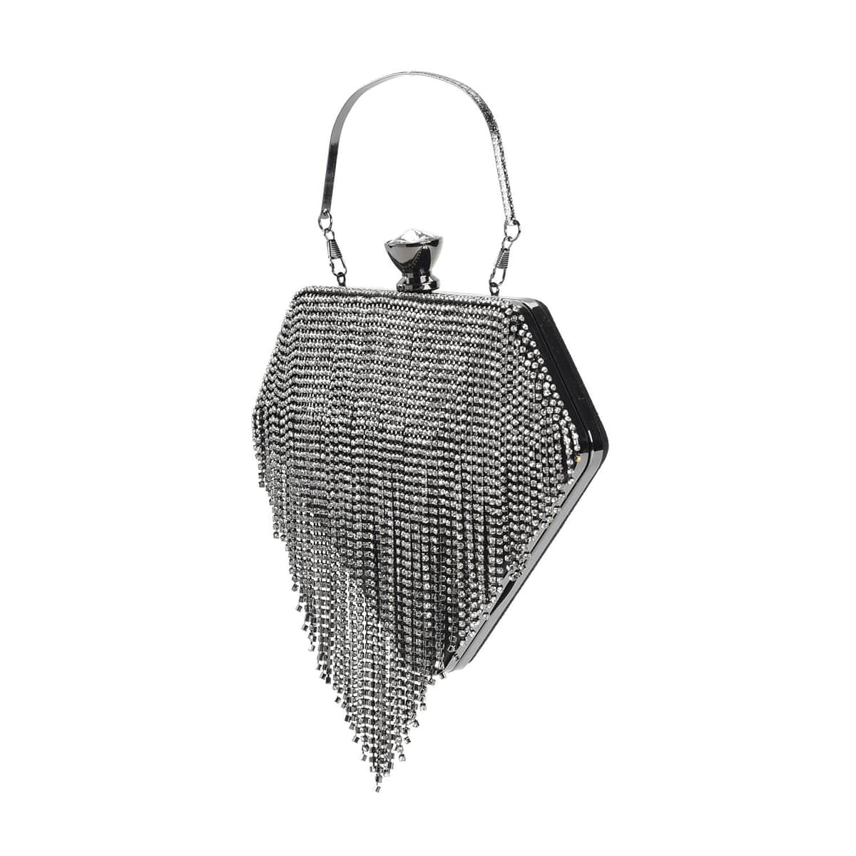 Black Sparkling Crystal Diamond Shape Tassel Clutch Bag with Handle Drop and Chain Strap image number 6