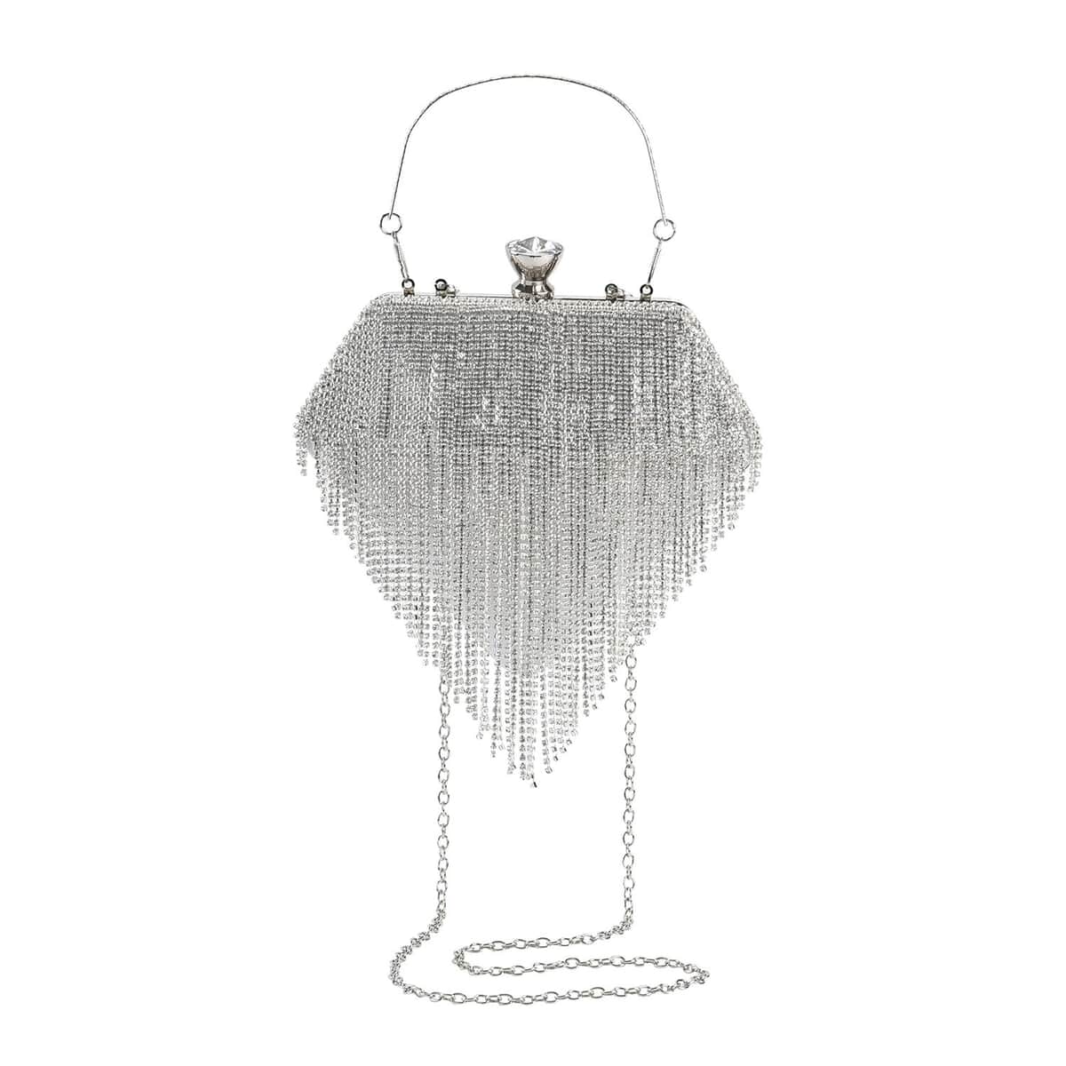 Silver Sparkling Crystal Diamond Shape Tassel Clutch Bag with Handle Drop and Chain Strap image number 0