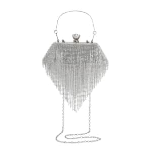 Silver Sparkling Crystal Diamond Shape Tassel Clutch Bag with Handle Drop and Chain Strap