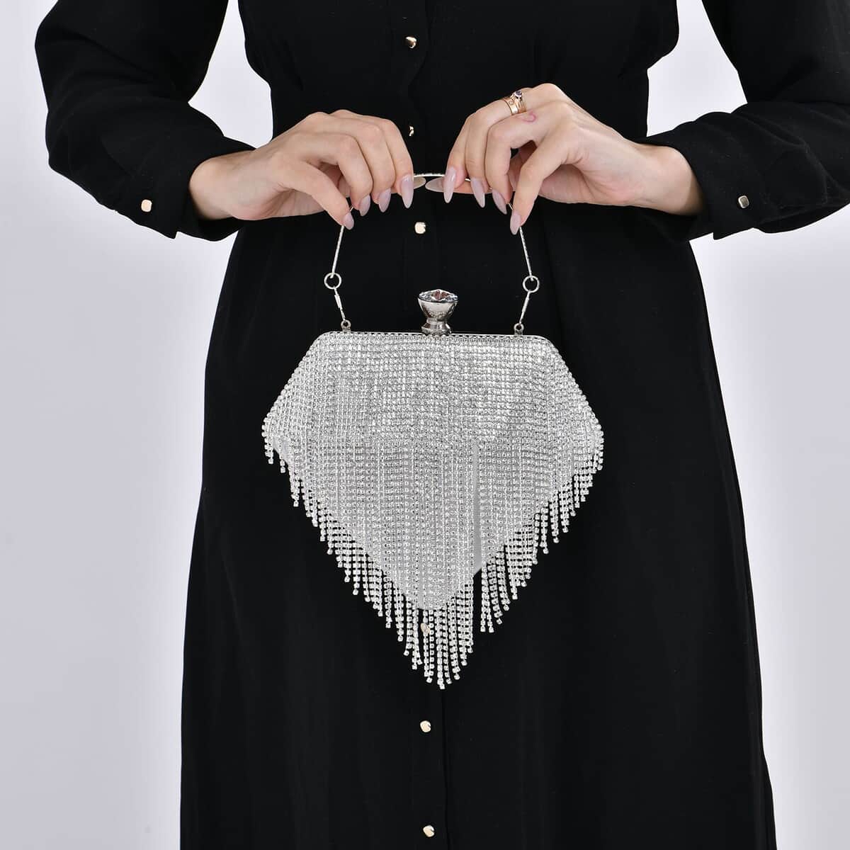 Silver Sparkling Crystal Diamond Shape Tassel Clutch Bag with Handle Drop and Chain Strap image number 2