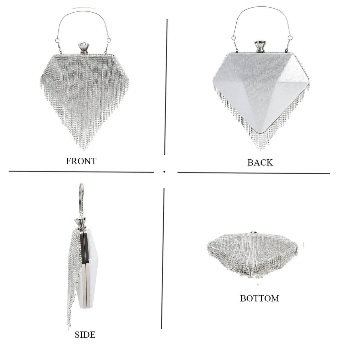 Silver Sparkling Crystal Diamond Shape Tassel Clutch Bag with Handle Drop and Chain Strap image number 3