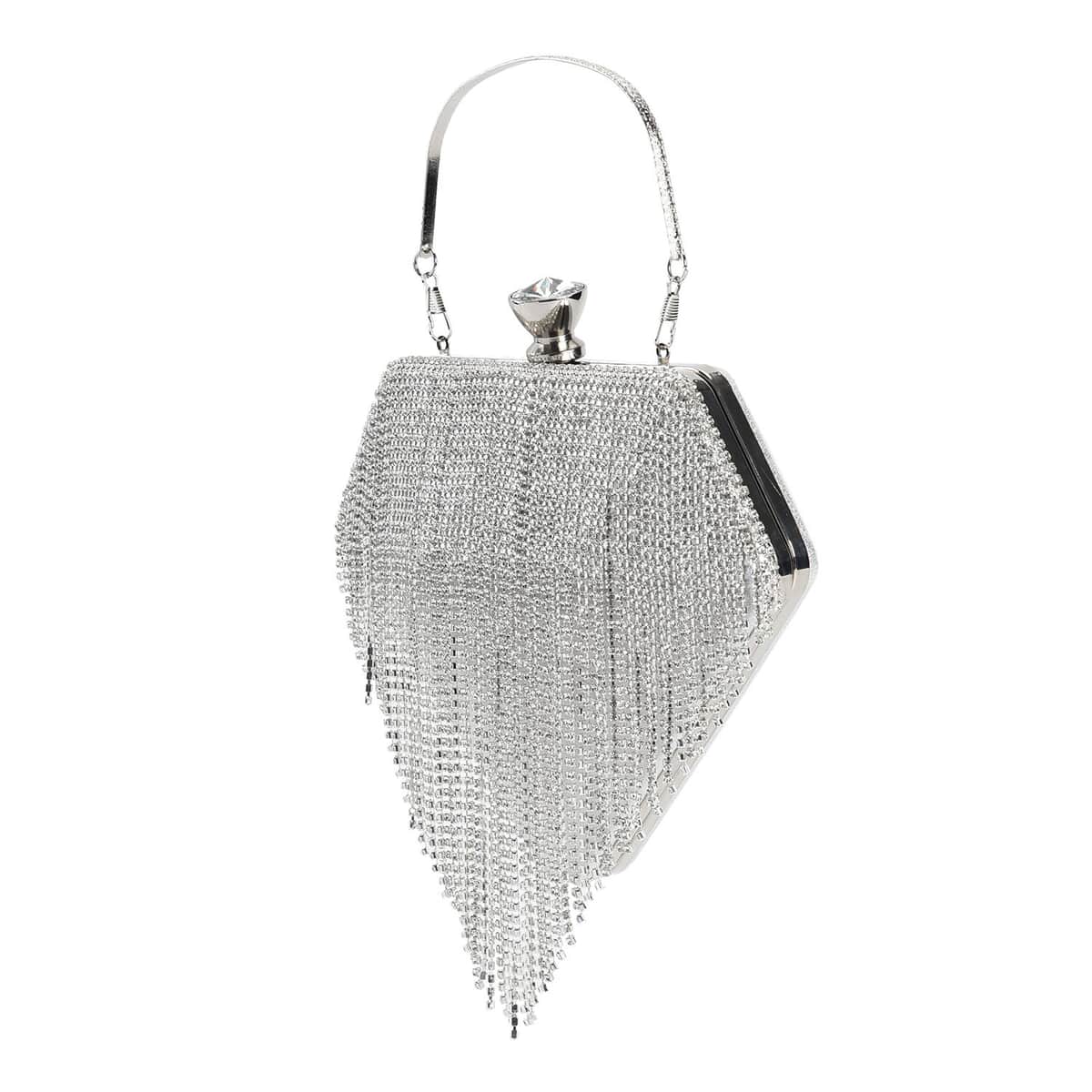 Silver Sparkling Crystal Diamond Shape Tassel Clutch Bag with Handle Drop and Chain Strap image number 6